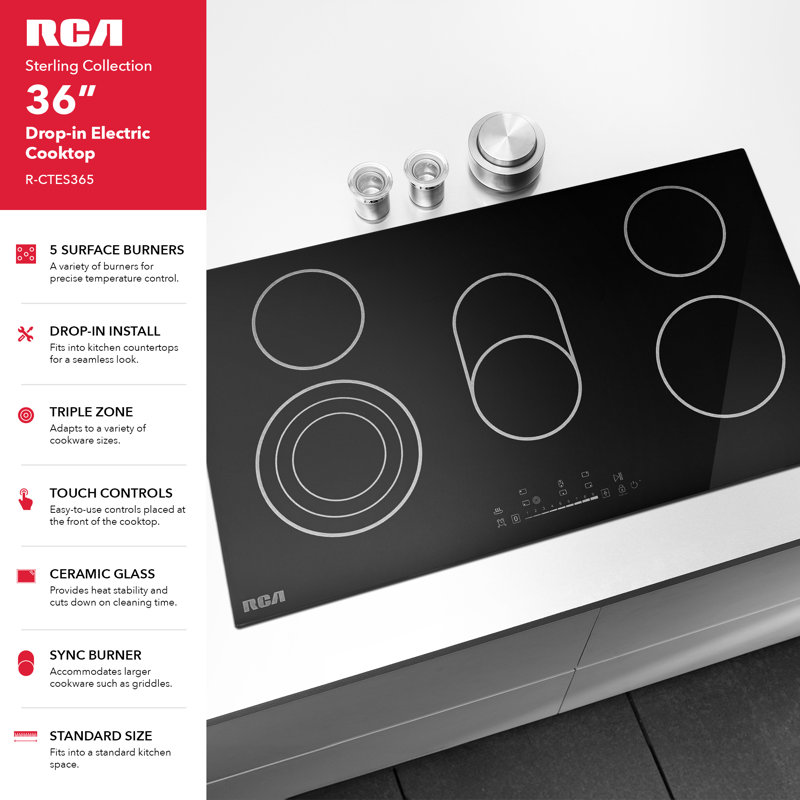36 po Surface de cuisson électrique en céramique en céramique Sterling Collection, 5 brûleurs, élément à trois zones, brûleur synchro, noir