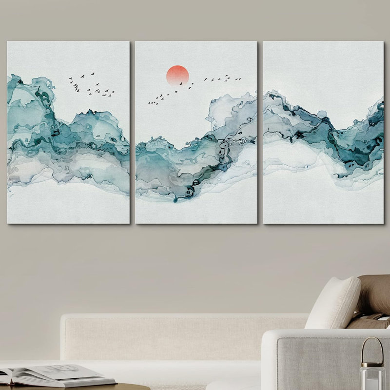 Geometric Watercolor Smoke Cloud Sky Abstract Shapes Illustrations Modern Art Decor, Wrapped Canvas, 24" H x 48" W