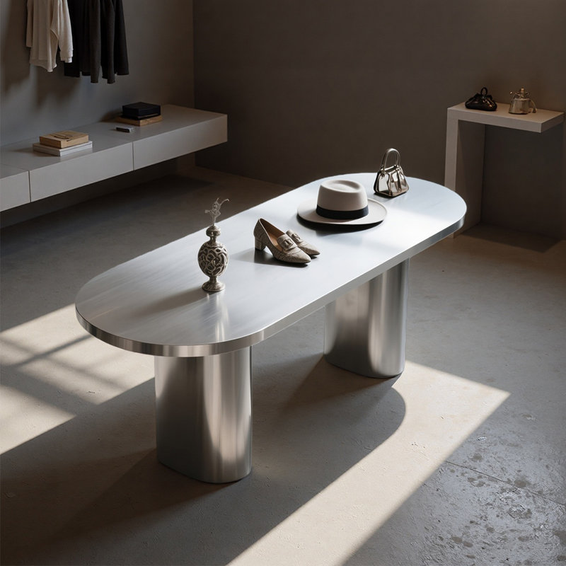 Table de présentation ovale en acier inoxydable, H 29,53 po x l 70,87 po x P 23,62 po, Argent argent