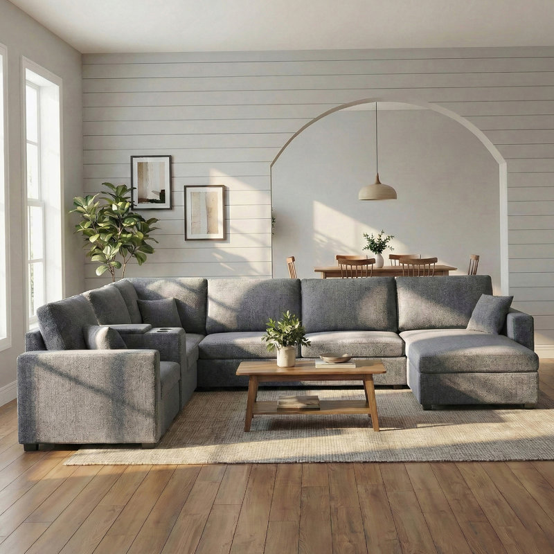 Canapé modulaire en U à 5 places avec sièges profonds, porte-gobelets intégrés, tiroir de rangement et coussins, Gris
