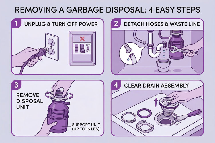 illustration showing how to remove a garbage disposal in four steps