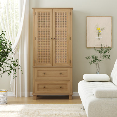 2-Door 2-Drawer Tall Locker With Faux Rattan And Faux Solid Wood Surface, 64.4"H X 28.54"W X 15"D