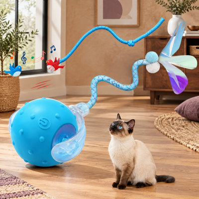 USB-Rechargeable Automatic Cat Ball with Motion-Activated Interactive Mode, 2 Speed Modes, 2 Tails, Chirping, and Long Battery Life; Works on Floors, Tile, and Carpets for Indoor Cats and Kittens