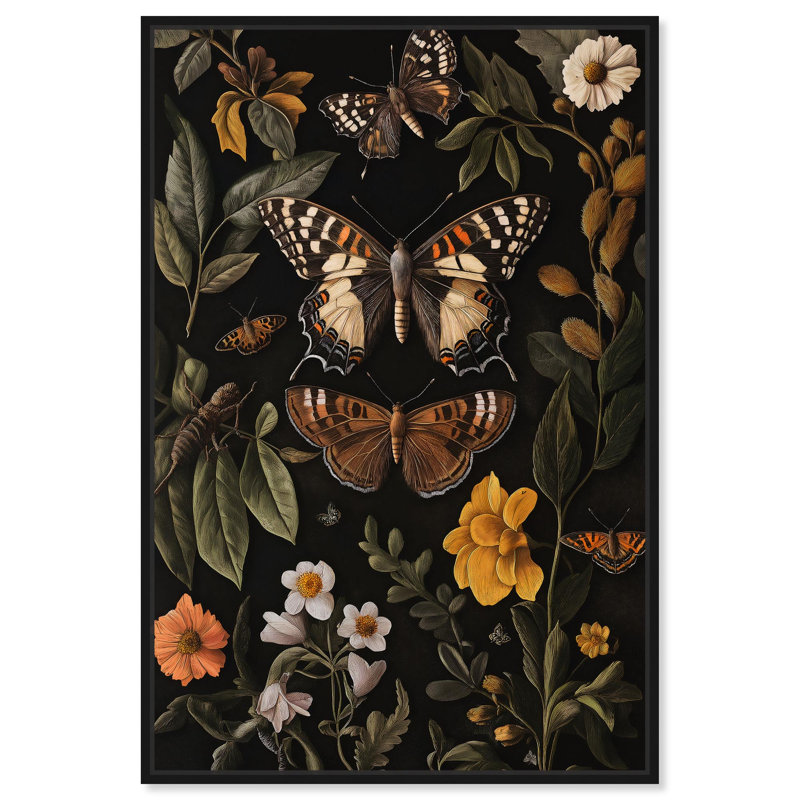«Winged visiteurs I», décoration botanique sur toile par , H 46 po x l 31 po, Cadre flottant noir