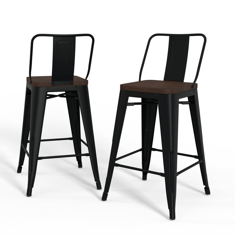 Tabouret en bois massif et métal Rayne, Noir, 2, Tabouret de bar (siège d'une hauteur de 30,2 po)