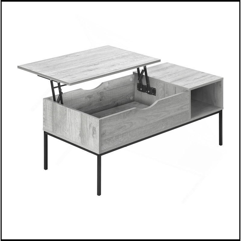 Table basse à plateau relevable moderne avec rangement et tablette ouverte, idéale pour les espaces de vie contemporains