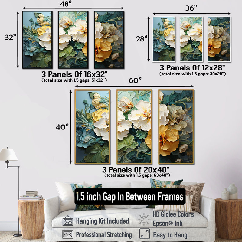 Ensemble de décoration murale beige et jaune Pensies Realistic Garden Splendor, Cadre naturel flottant