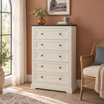 Commode vintage à 5 tiroirs de 70 cm de large avec poignées couleur bronze - Blanche