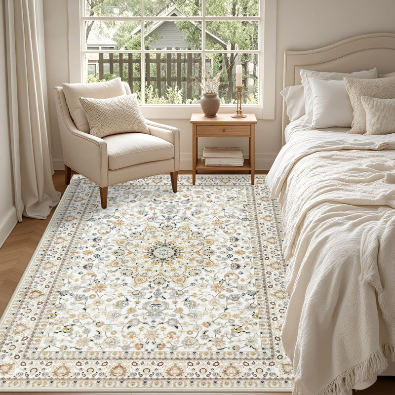 Washable 5x7 Area Rug Vintage Boho Non Slip Stain Resistant Soft Indoor Carpet for Living Room Bedroom Dining Room Hallway Nursery Home Office Beige 1 Piece