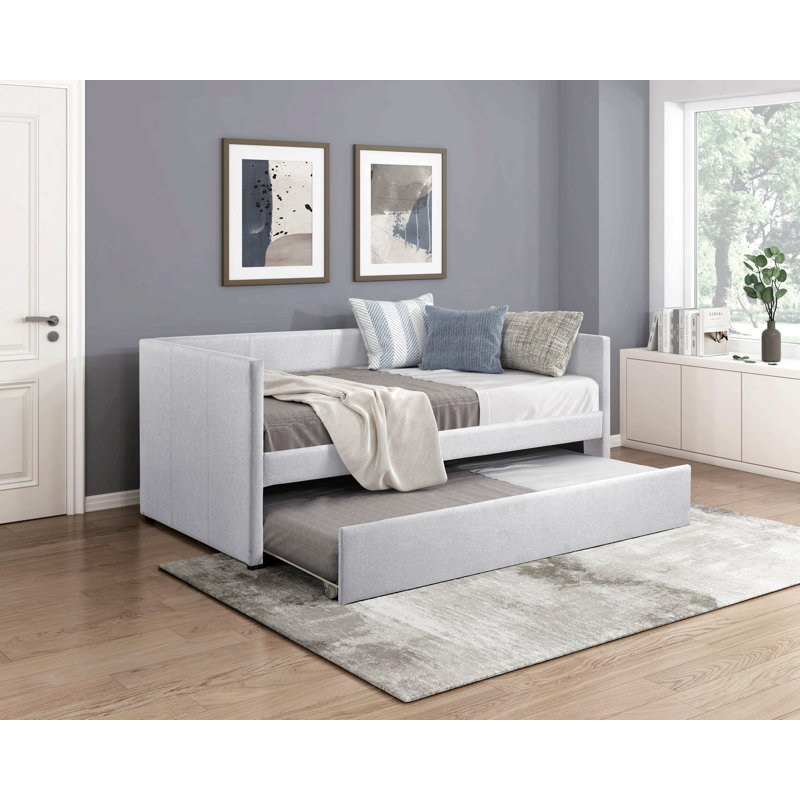 Daybed With Trundle Fabric Upholstery Wooden Frame Modern Home Furniture, Gray