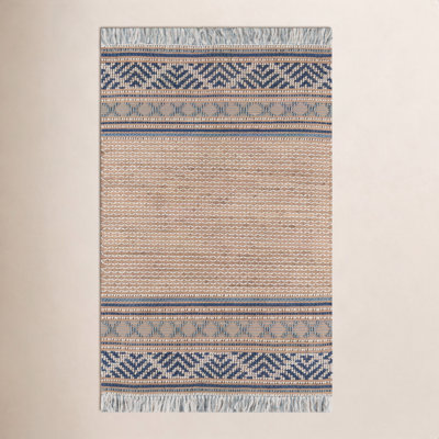 Alberta Beige Blue Hand-Woven Geometric Jute Rug