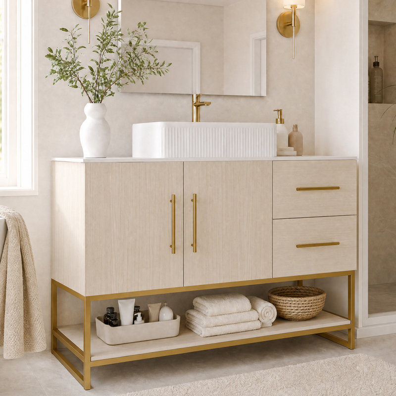 Ensemble de meuble-lavabo simple 47 po avec lavabo vasque en céramique, ensemble tout-en-un avec tiroirs de rangement et poignées dorées 47 po