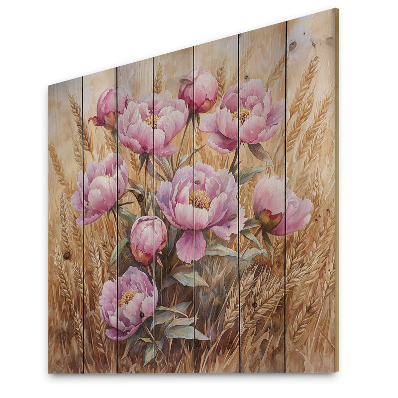Pivoines dans le champ de blé II - impression de bois de pivoines - sur bois de pin naturel, H 25 po x l 25 po x P 0,78 po