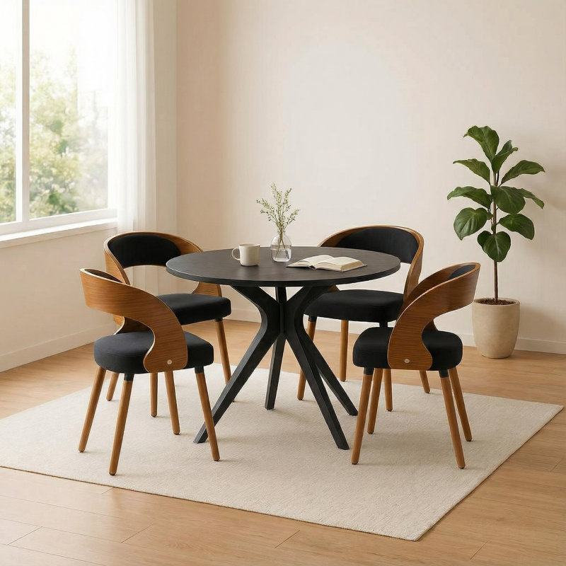 47.2-inch Round Wooden Dining Table with 4 Upholstered Chairs Set (Seats 4-6), Mid-Century Style Dining Table, Base-Style Dining Table Set Suitable for Kitchens and Dining Rooms