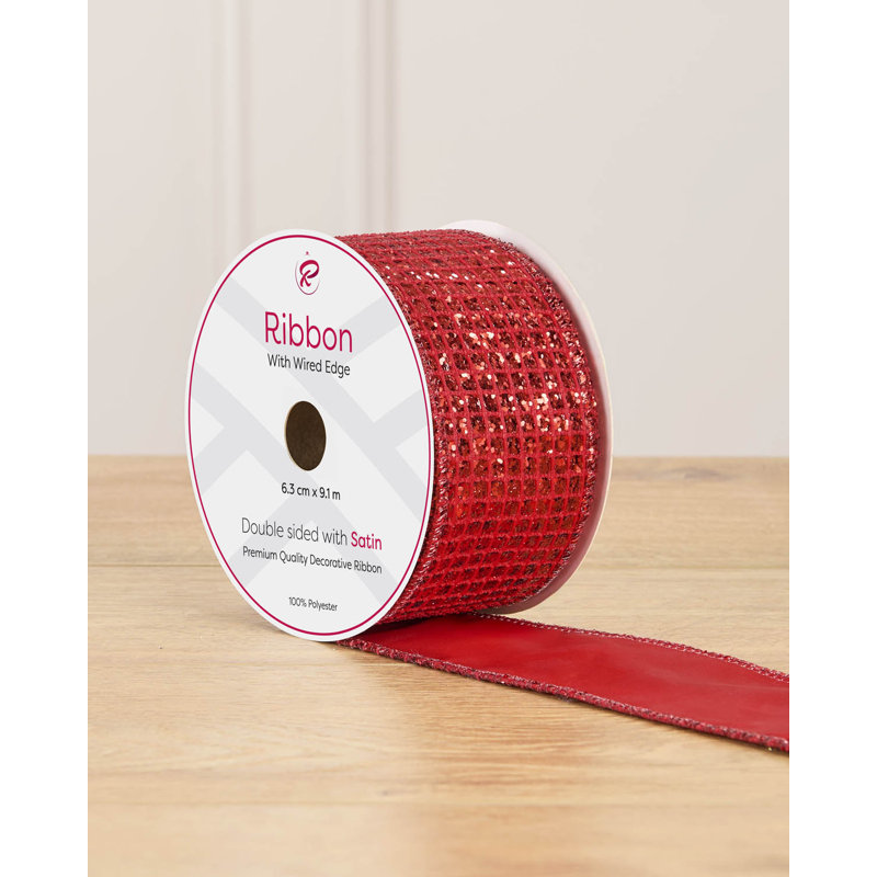 Silver Ice Chip Wire Edge Ribbon, 9m, red