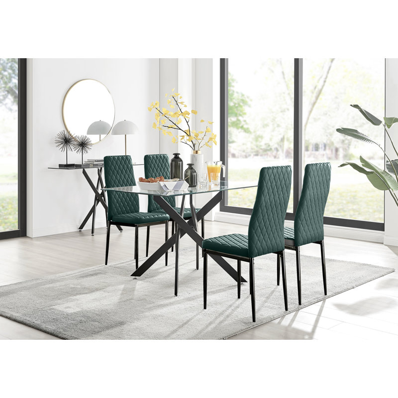 Lenworth Glass Rectangular Dining Table Set with 4 Quilted Velvet Dining Chairs, Green, Black
