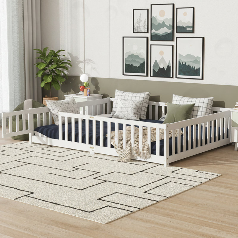 Queen Size Floor Bed with Fence, Door, White