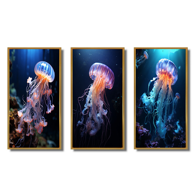 «Jellyfish Luminescent Beauty», 3 pièces sur toile, Encadrement doré, H 40 po x l 60 po