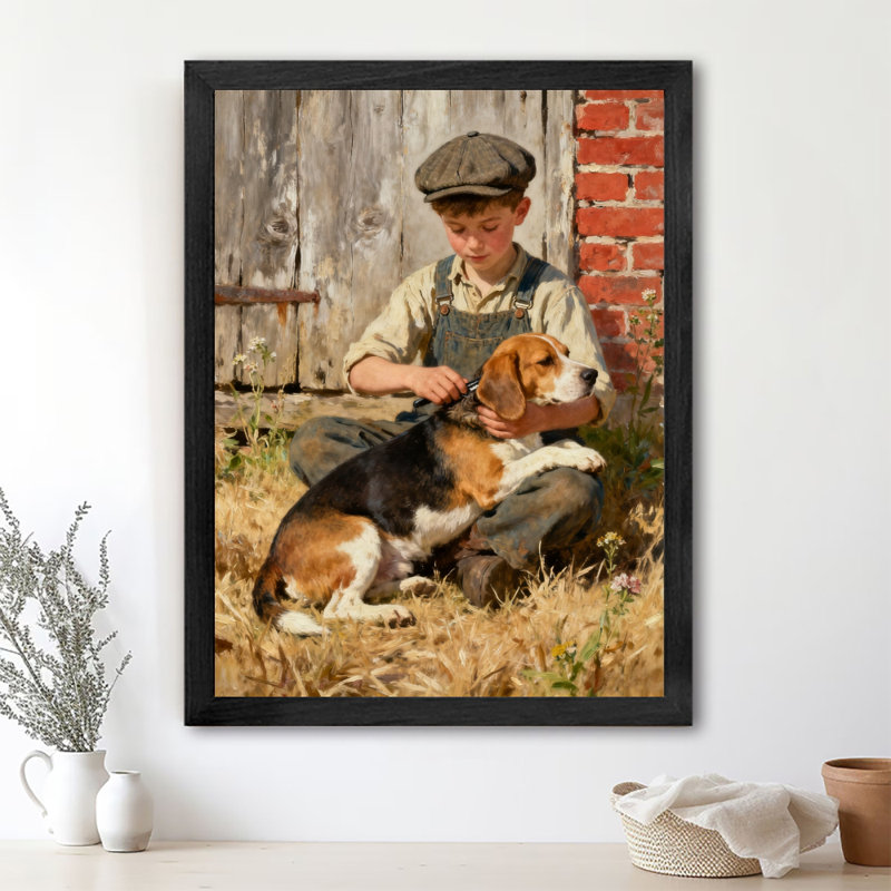 Art encadré noir, mignon petit garçon jouant avec des chiens beagle chaleureusement, reproductions d'art encadrées de style rétro