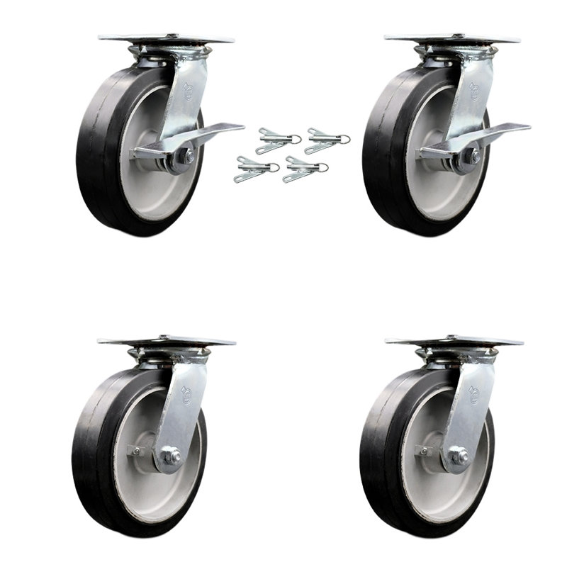 8 Inch Rubber on Aluminum Caster Set with Roller Bearing 4 Swivel Lock 2 Brake