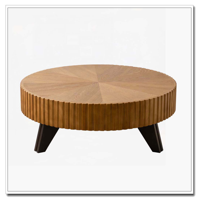 35.4 "Round Retro Coffee Table, Natural Top/Black Base