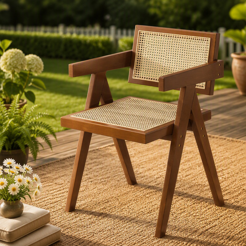 Chaise de salle à manger moderne Mid-Century avec accents en rotin, accoudoirs confortables, idéale pour une utilisation intérieure et extérieure dans diverses pièces
