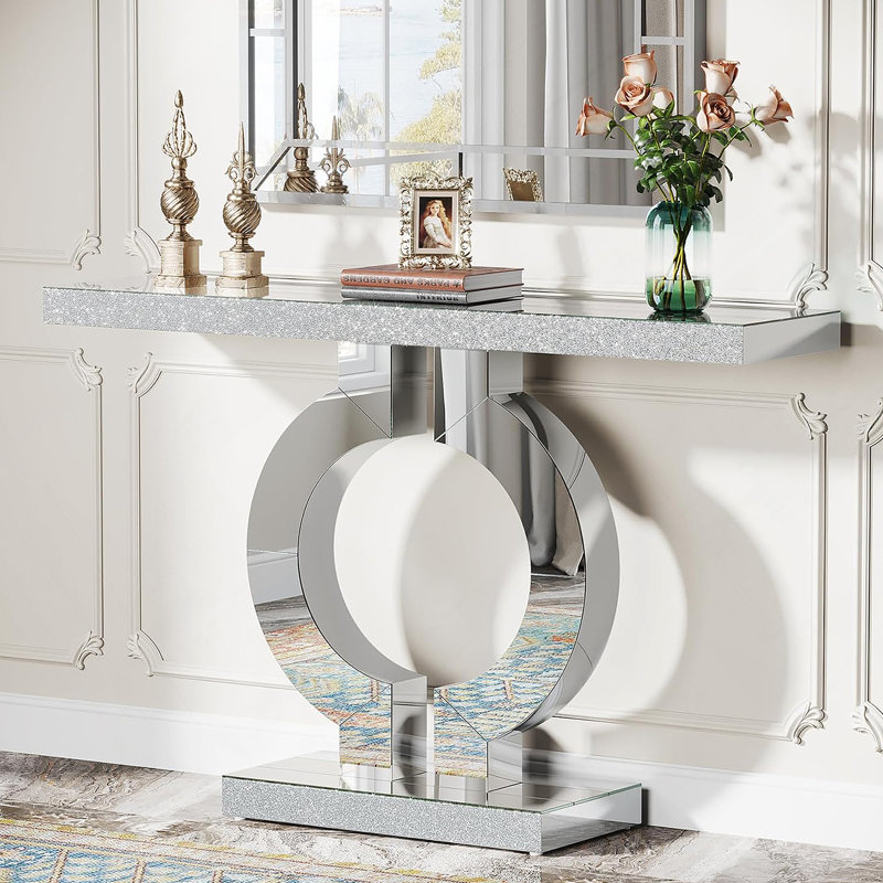 Console à miroir moderne de 43 pouces avec base en forme de O, parfaite pour le salon contemporain et la décoration de vestibule