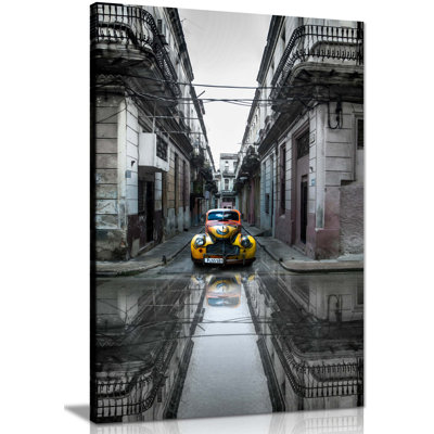Panther Print Fine Art Prints Yellow Classic Retro Car Parked on the Streets of Havana Artistic Framed Canvas Prints, Pictures for Home Walls, Bedroom, Living Room & Bathroom Decor 1 Piece Wrapped Canvas Wall Art