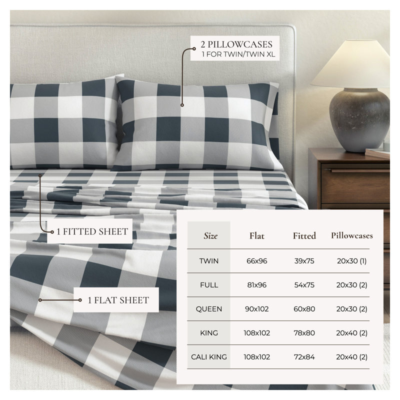 Ensemble de draps 100% flanelle de coton, Buffalo Check - Navy, Très grand avec deux taies d'oreiller