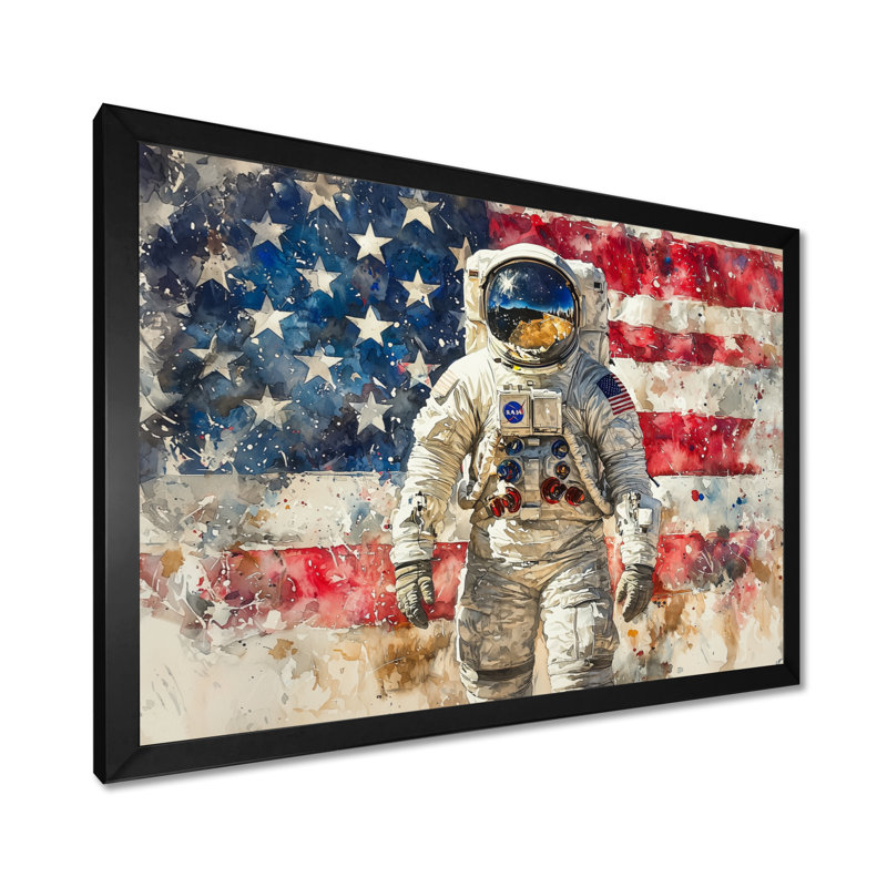 Premier astronault sur la lune avec le drapeau des États-Unis II - impressions encadrées des États-Unis, H 30 po x l 40 po