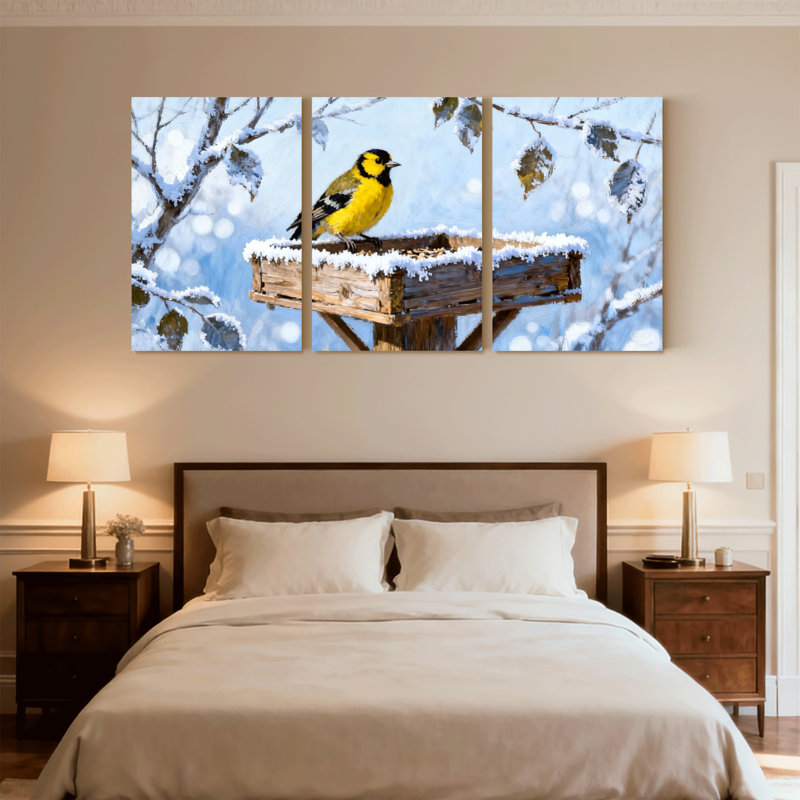 Oiseaux d'hiver mangeoire enneigée, paysage enneigé, ensemble de 3 toiles d'art, H 18 po x l 36 po