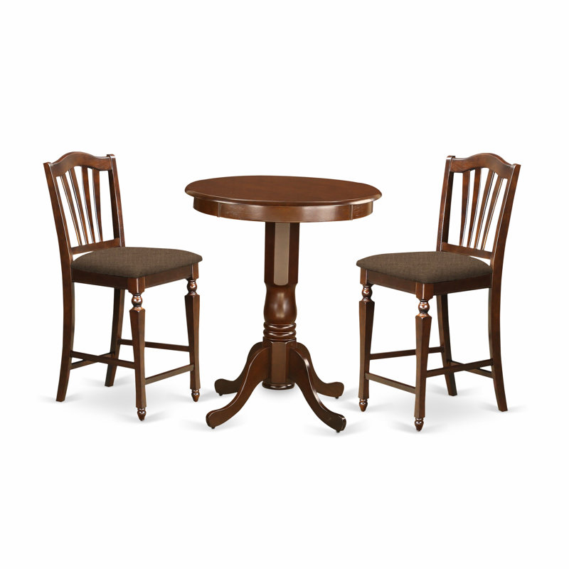 Ensemble de table de salle à manger à hauteur de comptoir 3 pièces comprenant une table de pub ronde avec piédestal et 2 chaises en tissu de lin, acajou