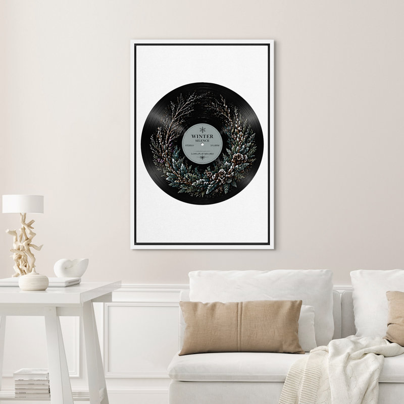 «Winter Silence», disque vinyle avec pin et flocon de neige, art mural encadré sur toile, 24" H x 16" W, White