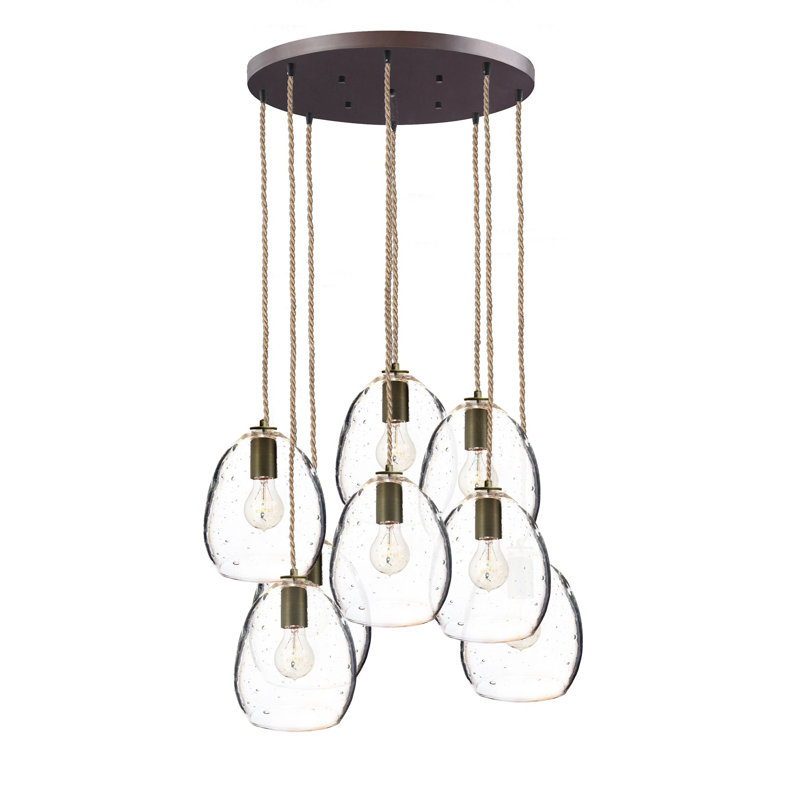 Lustre en grappe à 8 lumières Orb avec détails en verre soufflé à la main, Bronze, H 84 po x l 24 po x P 24 po