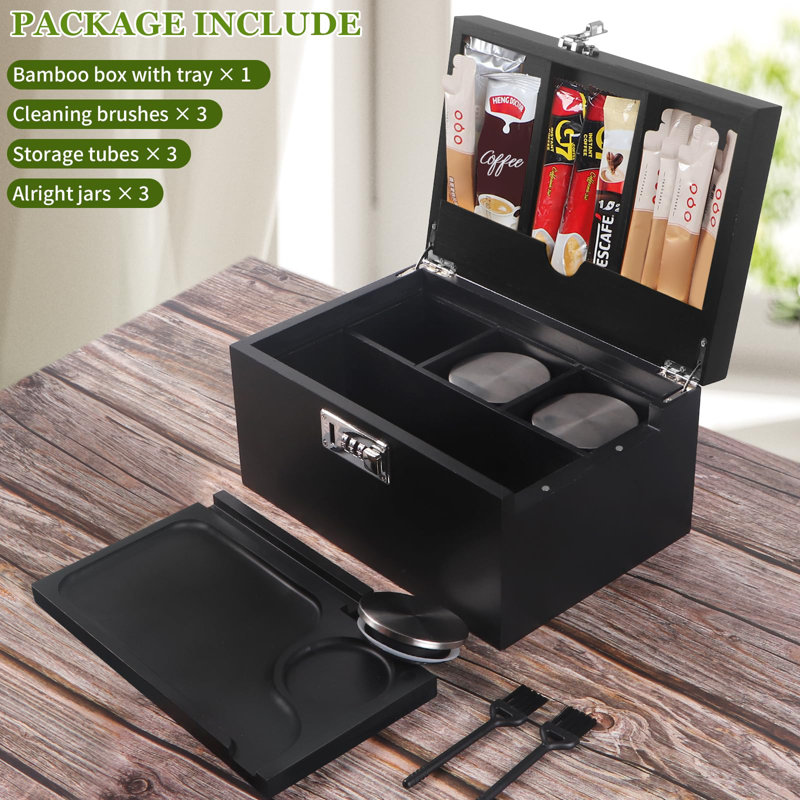 Large Black Bamboo Box With Combination Lock,Smell Proof Box With Detachable Compartment, Wooden Decorative Storage Box With Alright Jars & Brushes