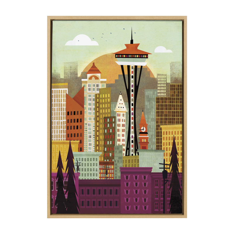 «Seattle Skyline» par Amber Leaders, reproduction d'art sur toile encadrée, 23 po x 33 po, Naturel