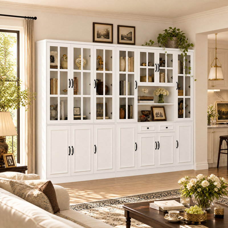 110.2" Wide Glass Door Display Cabinet with 25 Shelves, Bar Storage and Adjustable Shelves
