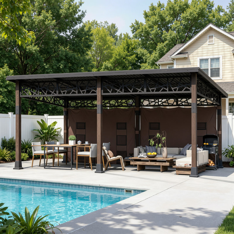 Pavillon de jardin d'extérieur 12 pi. X 20 pi. Grain de bois en métal avec écran d'intimité latéral