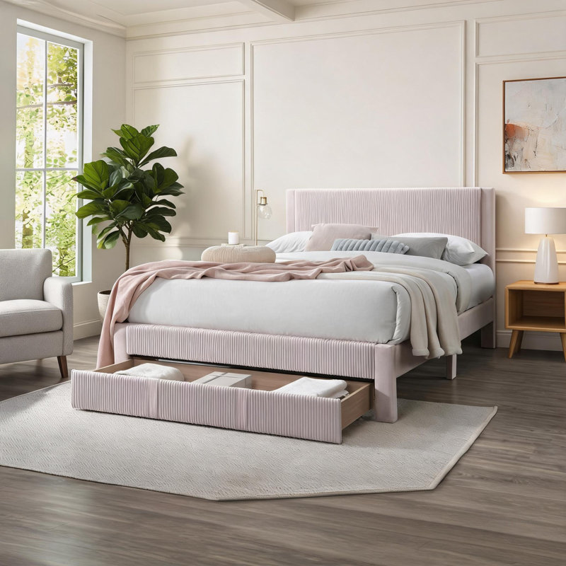 Pour un usage quotidien dans la chambre à coucher, grand lit plateforme en velours côtelé rosé, style moderne rembourré avec rangement caché