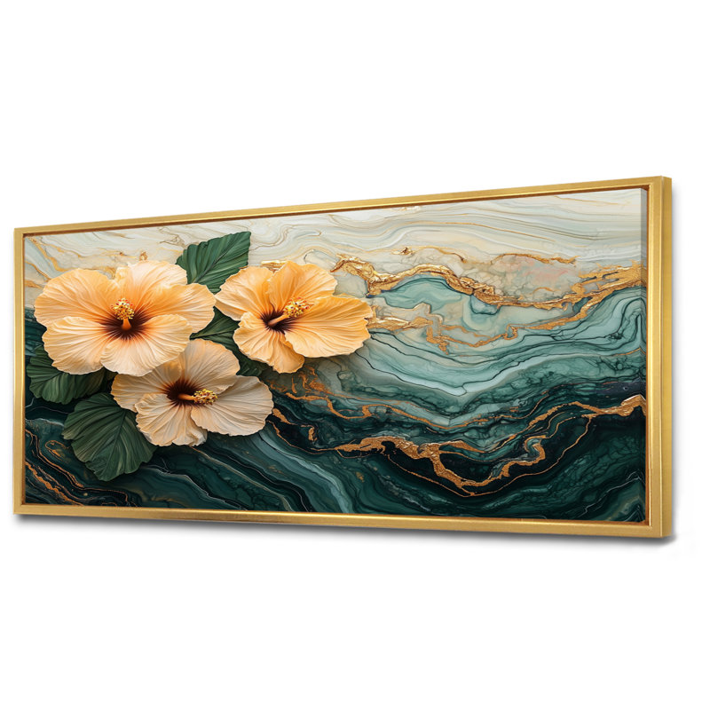 Colmon Hibiscus Flowers Field On A Emerald Stone I - Hibiscus, art mural sur toile, H 28 po x l 60 po, Or, Cadre flottant