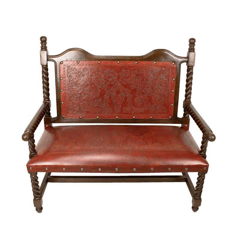 Navarette Genuine Leather Wood Bench, Red