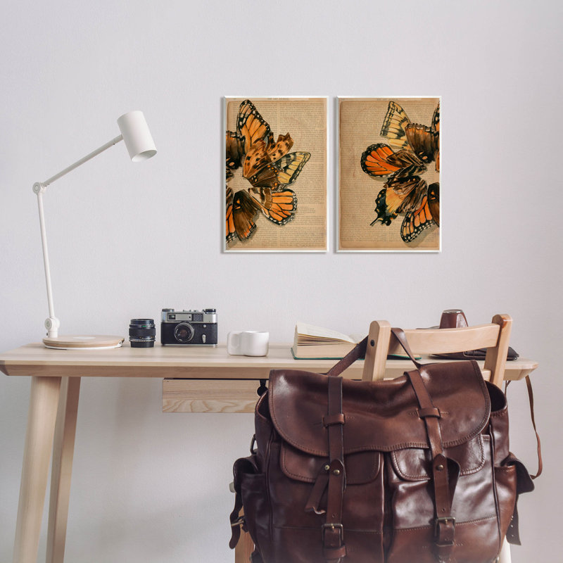 Vintage Butterfly Literature Pages Canvas Art Set in Orange and Brown