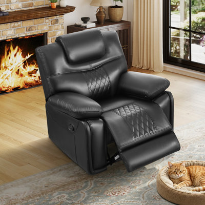 Jepum 40.9'' Top-Grain Genuine Leather Manual Recliner Chair with Spacious and Cozy Seating Space