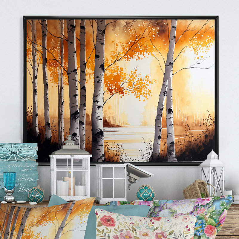 «Yellow Birches by the Lakeside I», reproduction sur toile, H 12 po x l 20 po x P 1 po, Cadre flottant noir