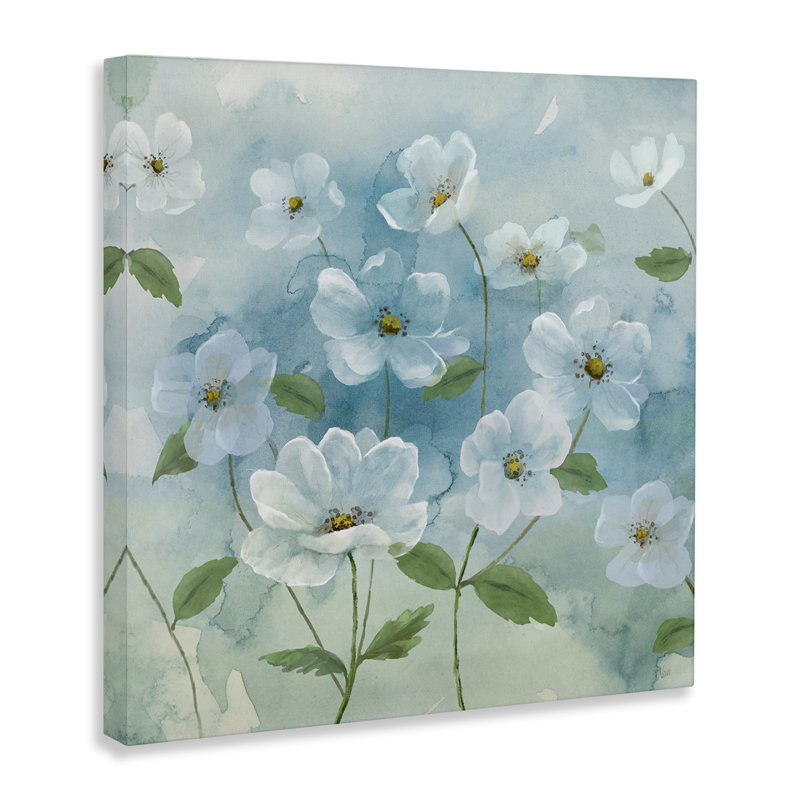 Jolies fleurs sur toile bleue par Nan, H 17 po x l 17 po