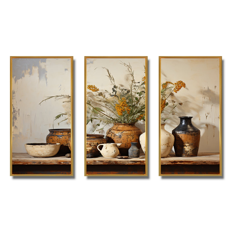 Art floral brun, poterie rétro, art mural Boho, Cadre flottant doré, H 28 po x l 36 po x P 1 po