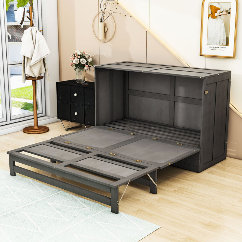Grand lit escamotable Antoine avec station de charge et tiroir de rangement, Gris antique