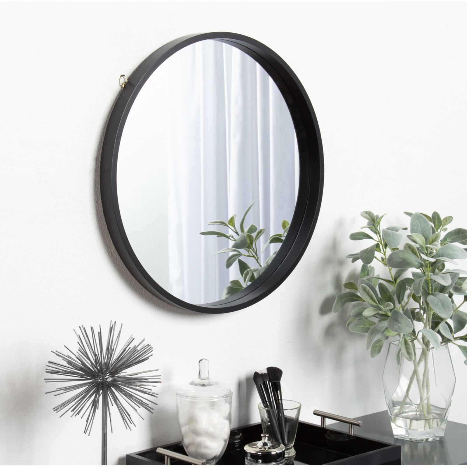 Arranjeet Modern Round Wall Mirror, 21.6" x 21.6", Black