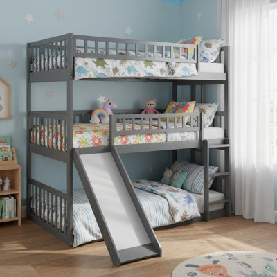 Solid Wood Full Over Full Over Full Triple Bed with Built-in Ladder and Slide, Triple Bunk Bed with Guardrails for Bedroom
