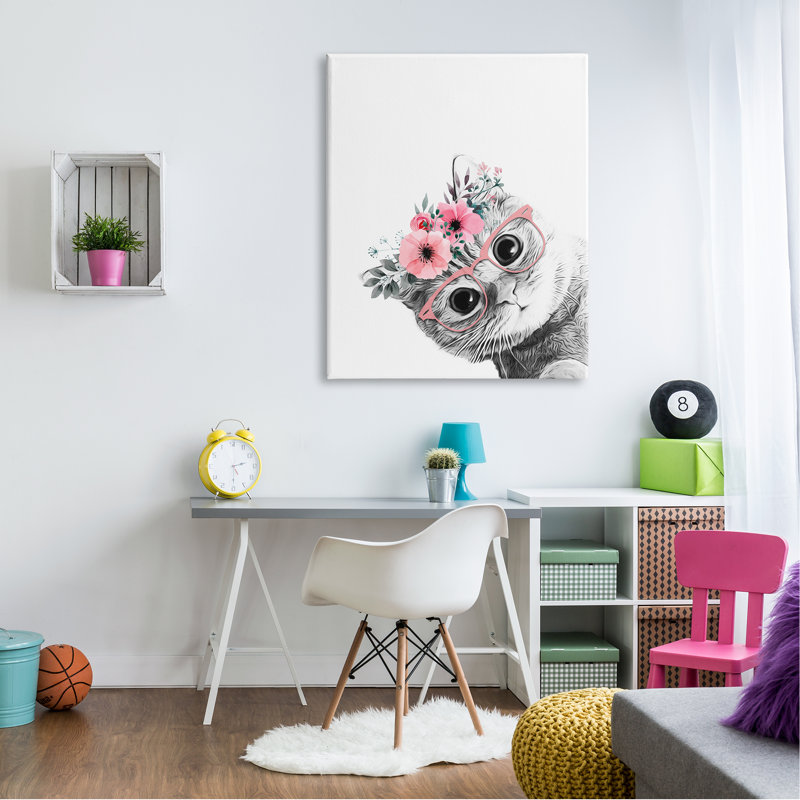 «Pink Flower Crown», conception simple de verres à chat par Annalisa Latella - impression, H 48 po x l 36 po, Toile tendue